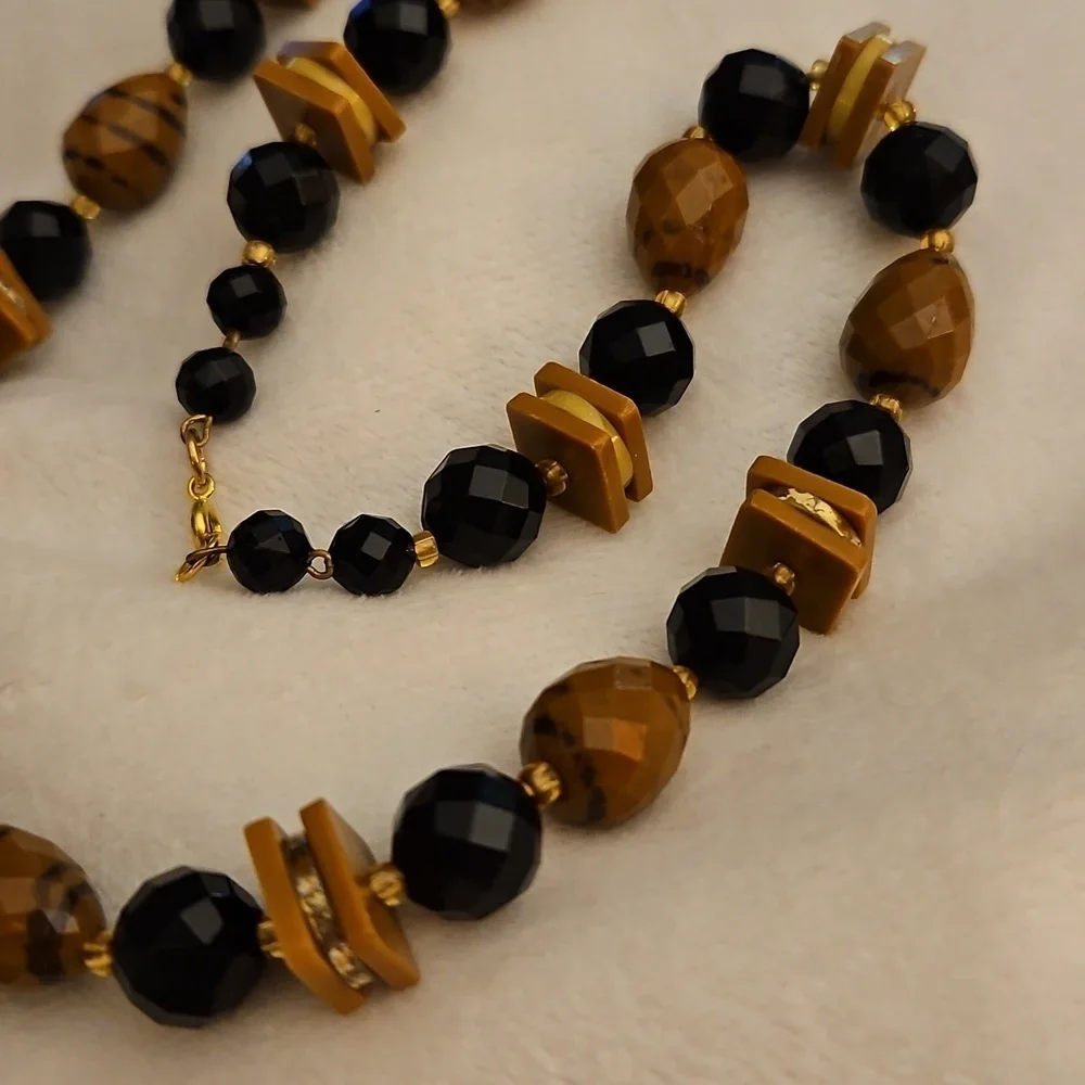 Vintage West Germany Black and Brown Plastic Faceted Beaded Necklace